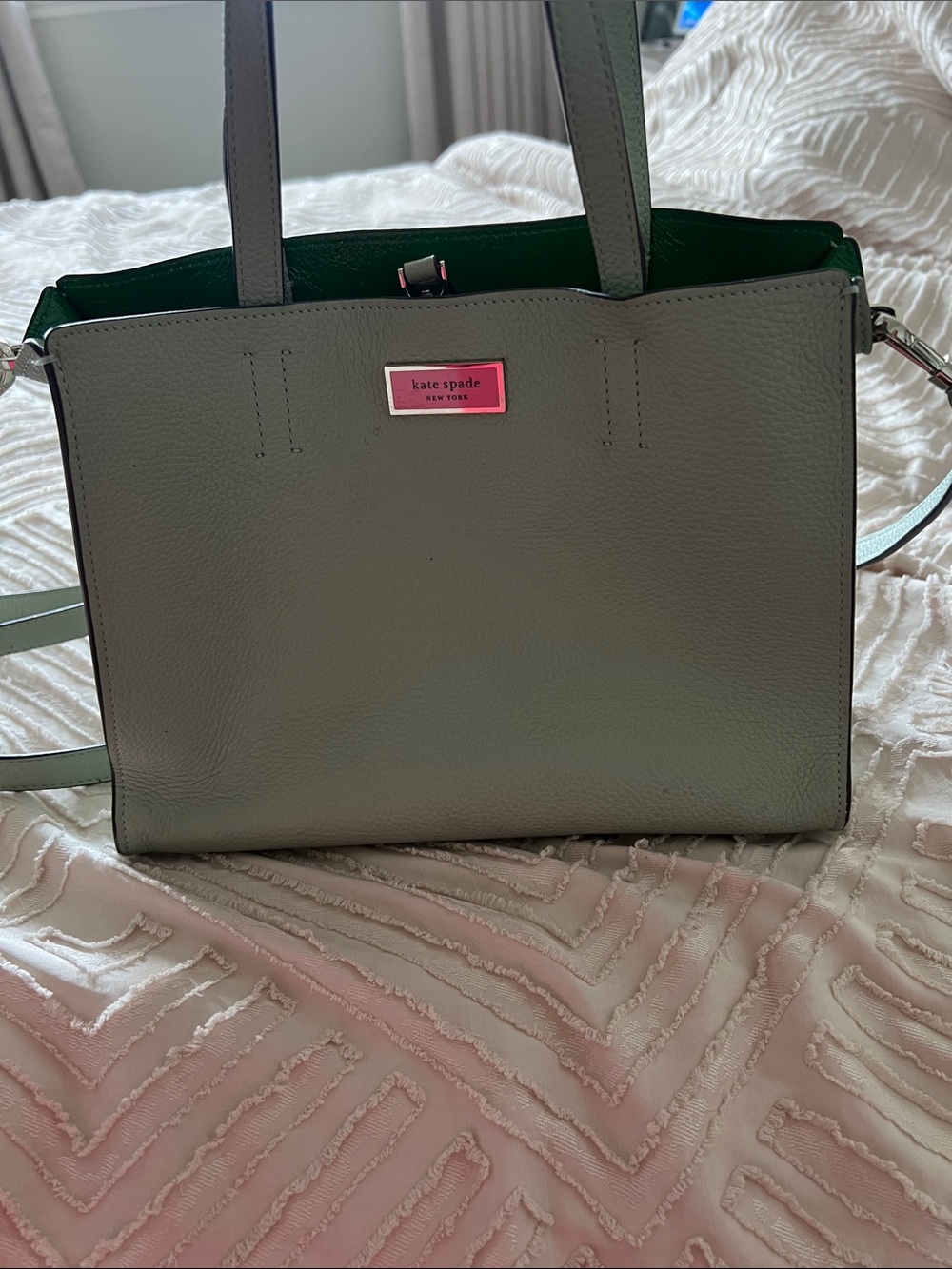 kate spade gray-green Leather Tote with Pink Logo Plaque - Picture 1 of 1